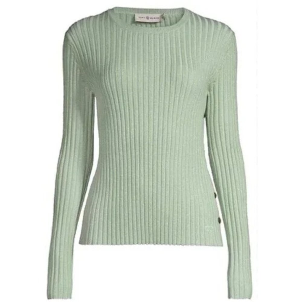 Tory Burch Lurex Stripe Metallic Ribbed Knit Side-Button Sweater Clear Mint M